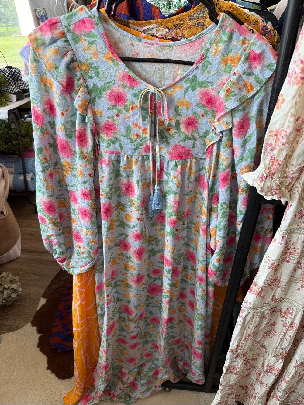 Floral Tie-Front Maxi Dress in Pastel Blue and Pink